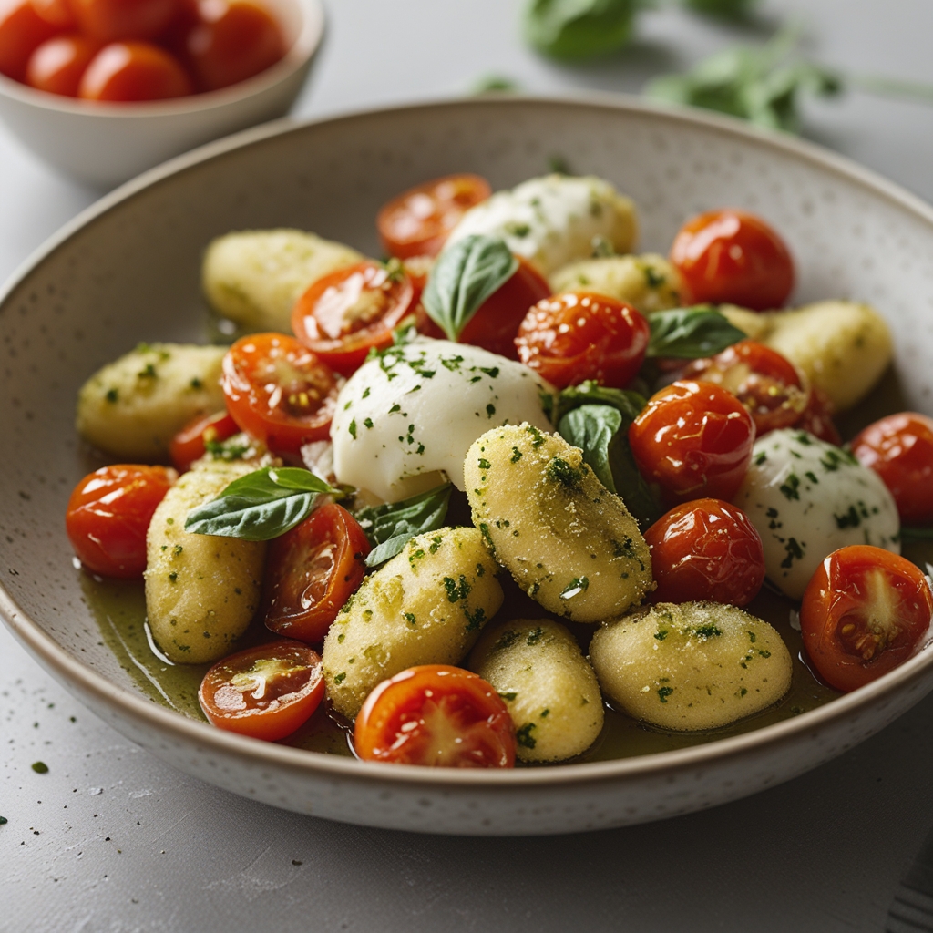 Final Crispy Air Fryer Pesto Gnocchi with Burst Cherry Tomatoes & Mozzarella