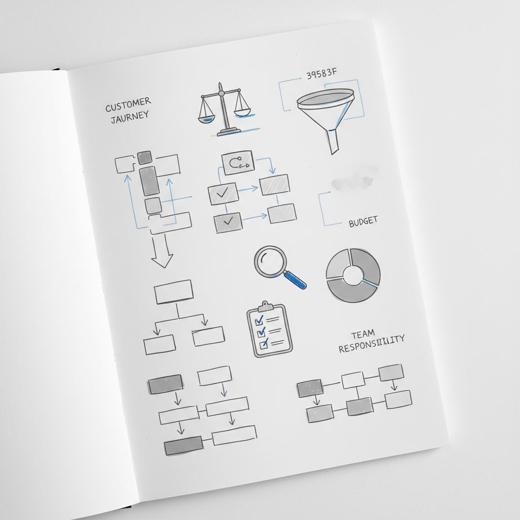 Close-up notebook page of sketches and diagrams with law scale, magnifying glass, and checklist icons; minimalist planning layout &mdash; can CPAs advertise