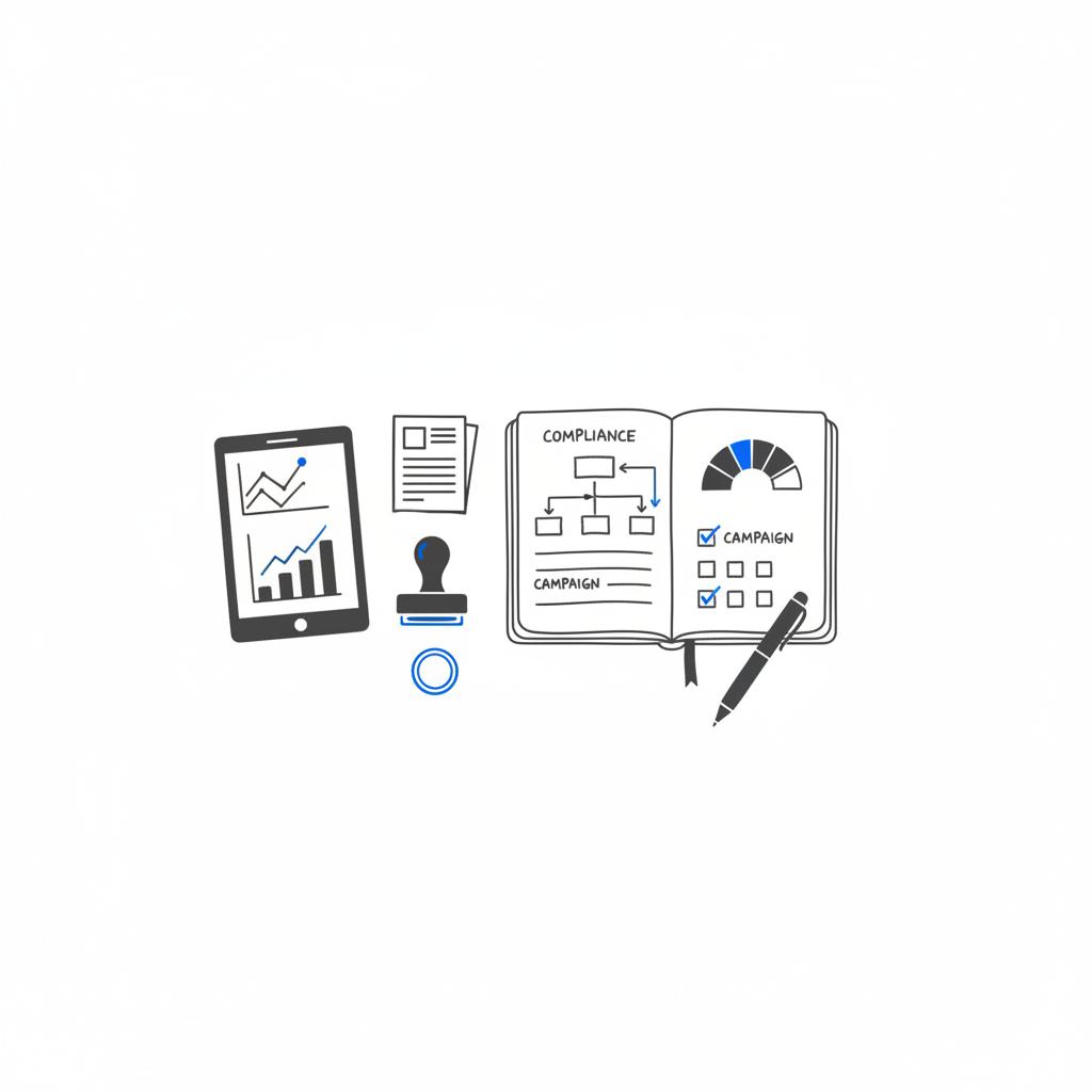 Minimalist 2D vector flat‑lay showing notebook sketches, tablet with abstract charts, stacked documents, pen and a compliance stamp for can CPAs advertise
