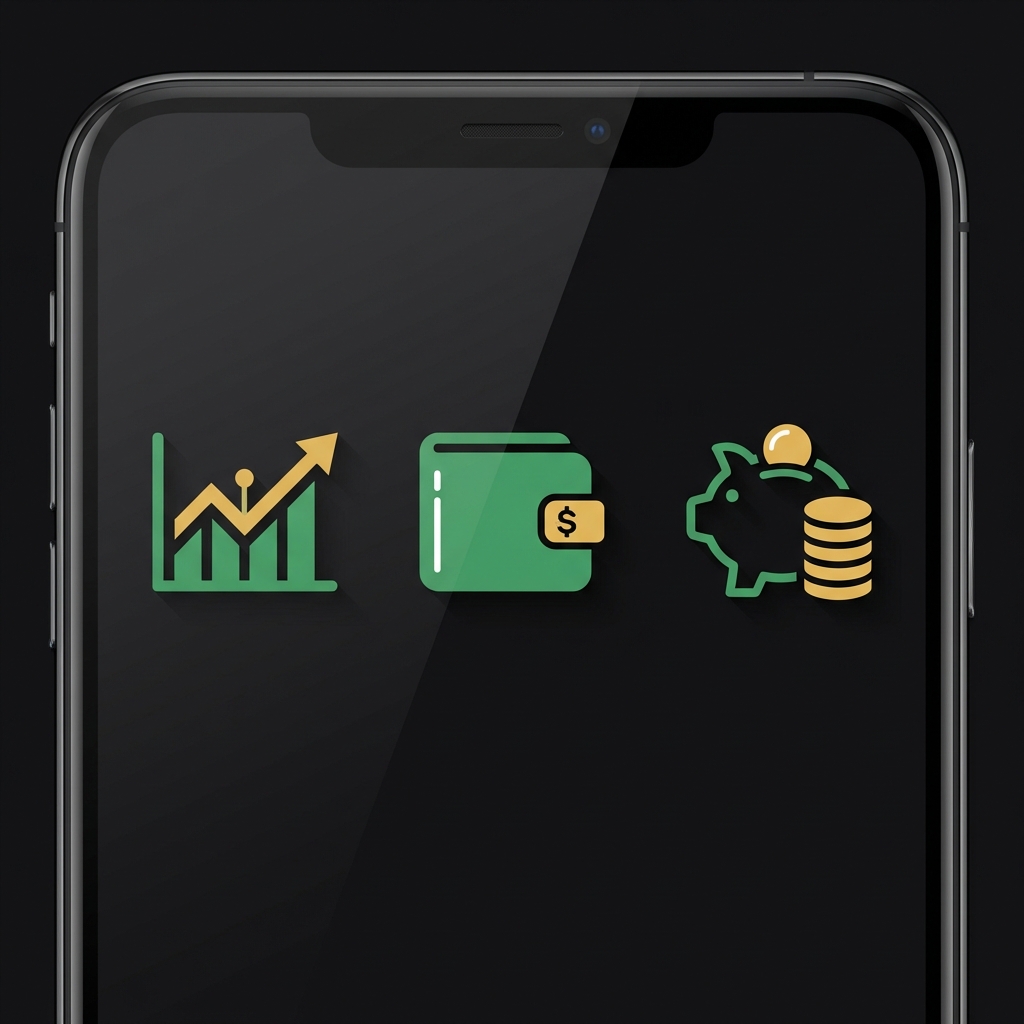 Close up smartphone screen showing three minimalist app icons for investment graph wallet cash back and piggy bank with stacked coins representing best passive income app