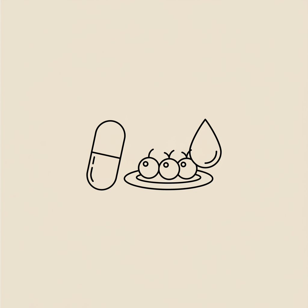 Minimalist line illustration of a capsule next to a small plate of berries and a water droplet on beige background, conveying oral supplementation, nutrition and hydration — 3 month phentermine results