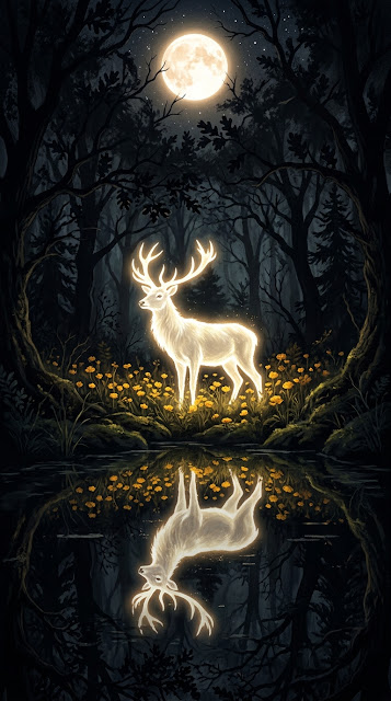 Mystical White Deer in Dark Forest with Moonlight Reflection - Free mobile Wallpaper