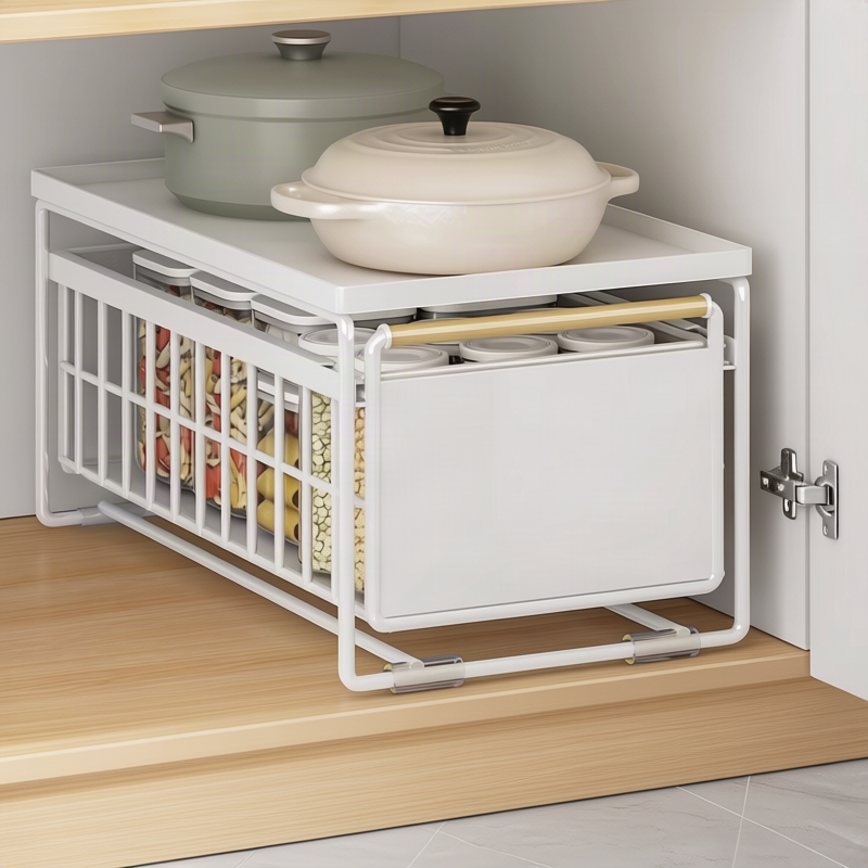 Pull-out under-sink shelf made of metal