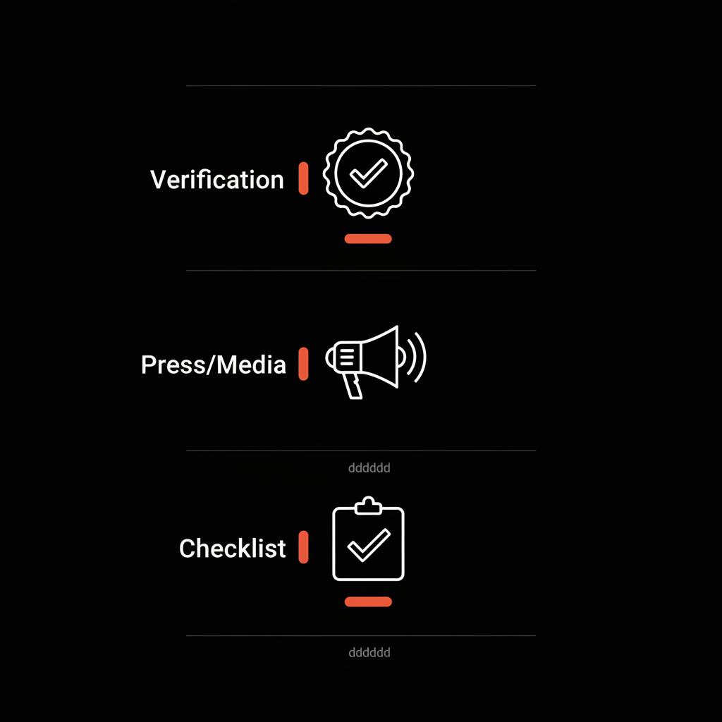 Minimal full-frame infographic on black background showing verification badge, press icon, and checklist with #dc5c2b accents — pay to get verified on TikTok