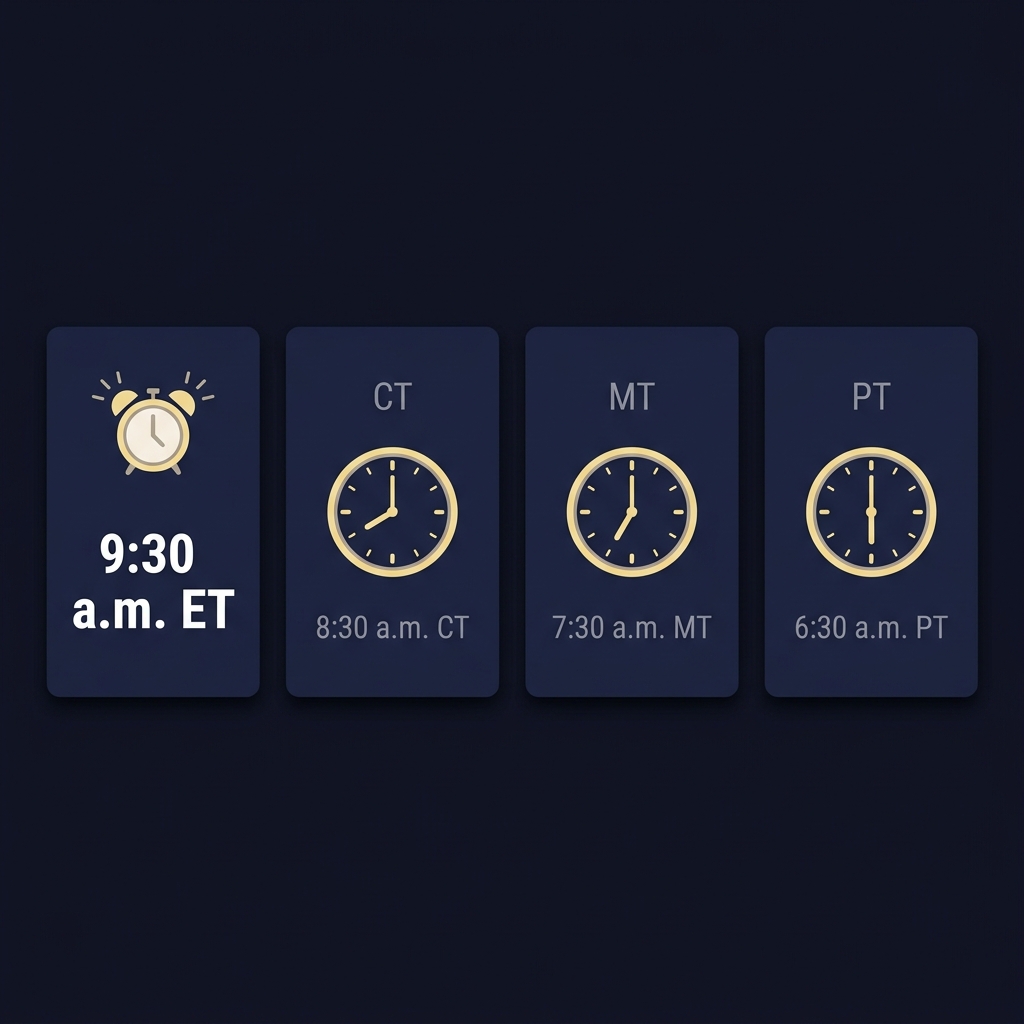 Minimalist Funded Plays graphic showing side by side conversion of 9:30 a.m. ET to 8:30 a.m. CT 7:30 a.m. MT and 6:30 a.m. PT with alarm and clock icons nfl morning line