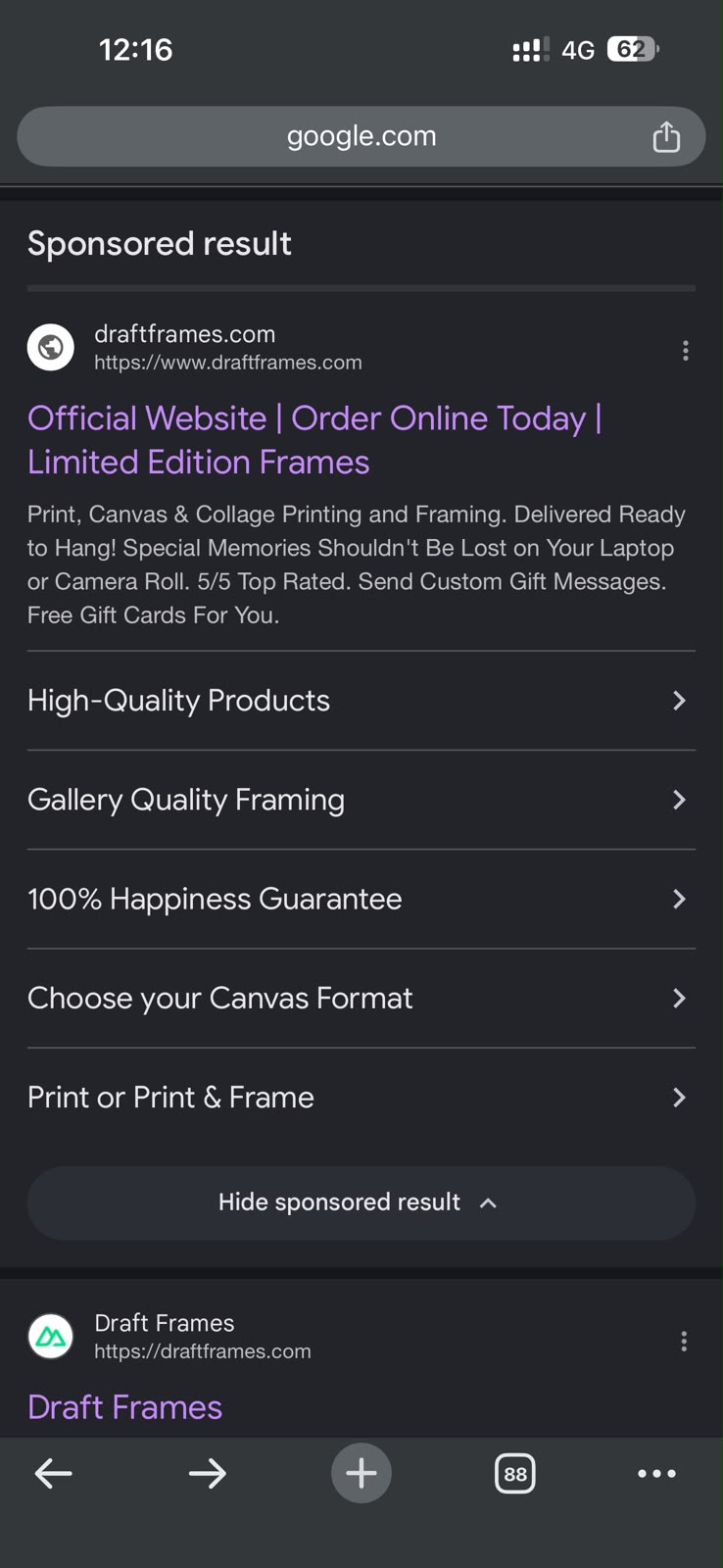 Draftframes Google ad