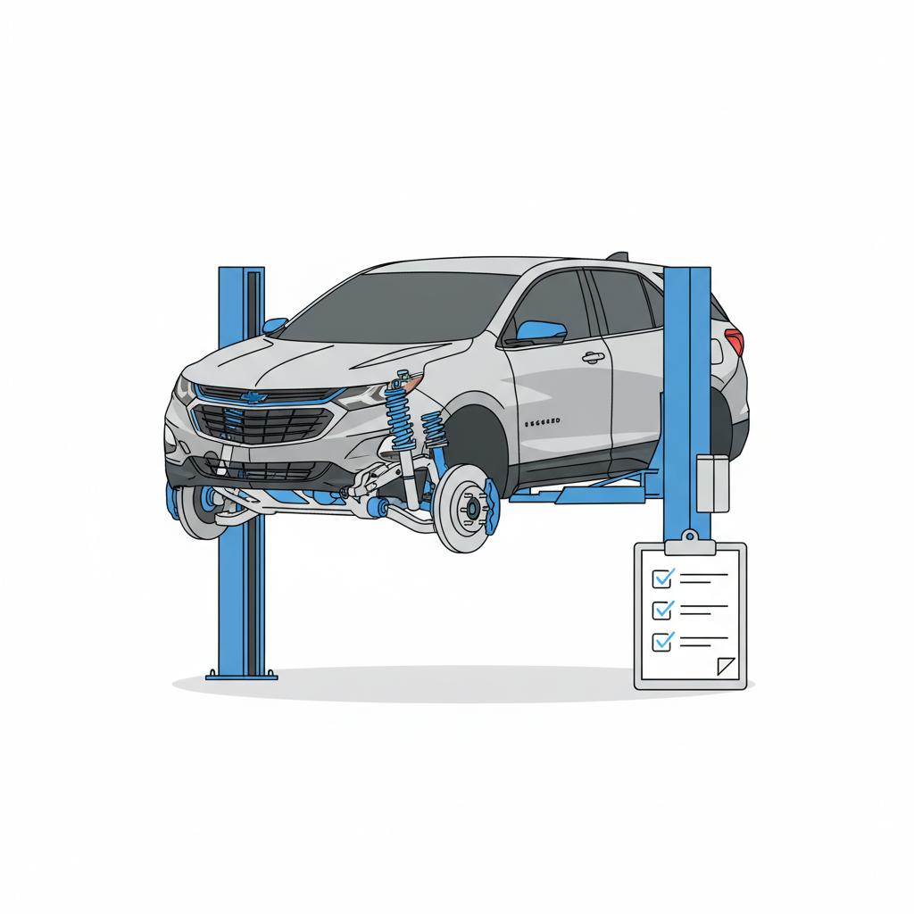 Minimalist 2D vector of a chevy equinox suv lifted showing underside and front suspension with a clipboard checklist represented by icons in CarFax Deals blue on white background
