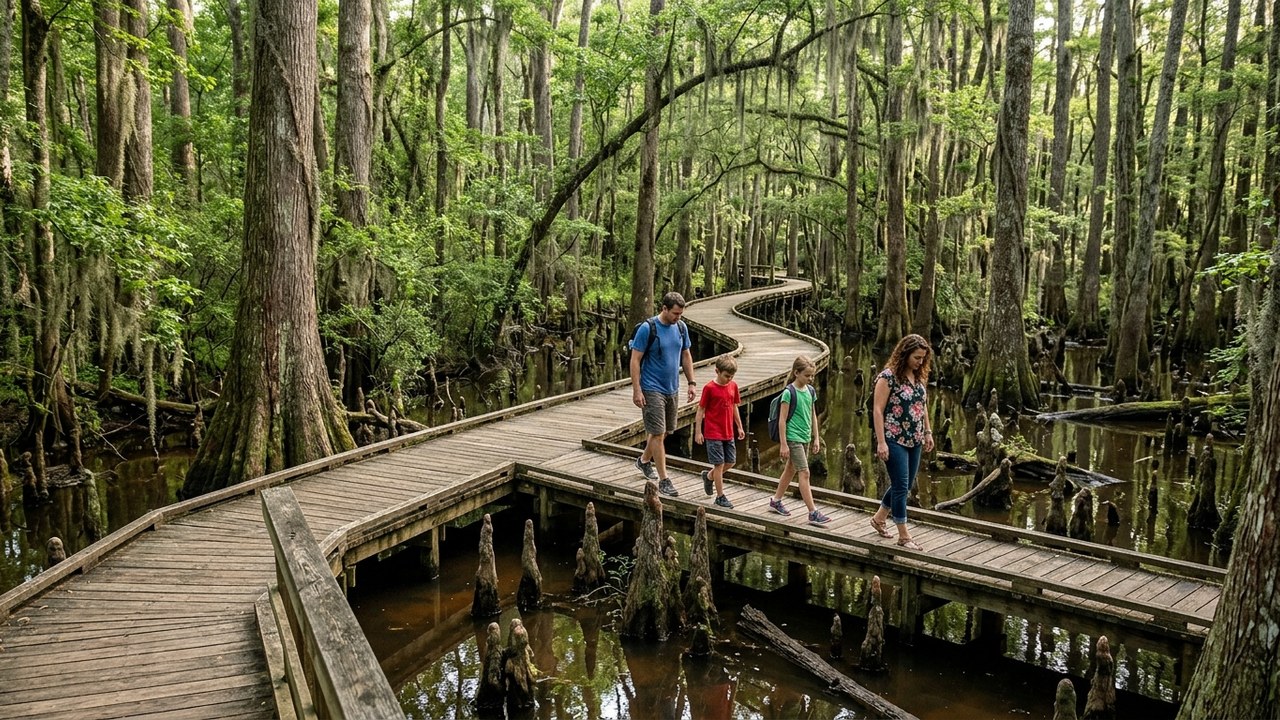 Family on cypress swamp boardwalk trail in Mississippi Natchez Trace Parkway