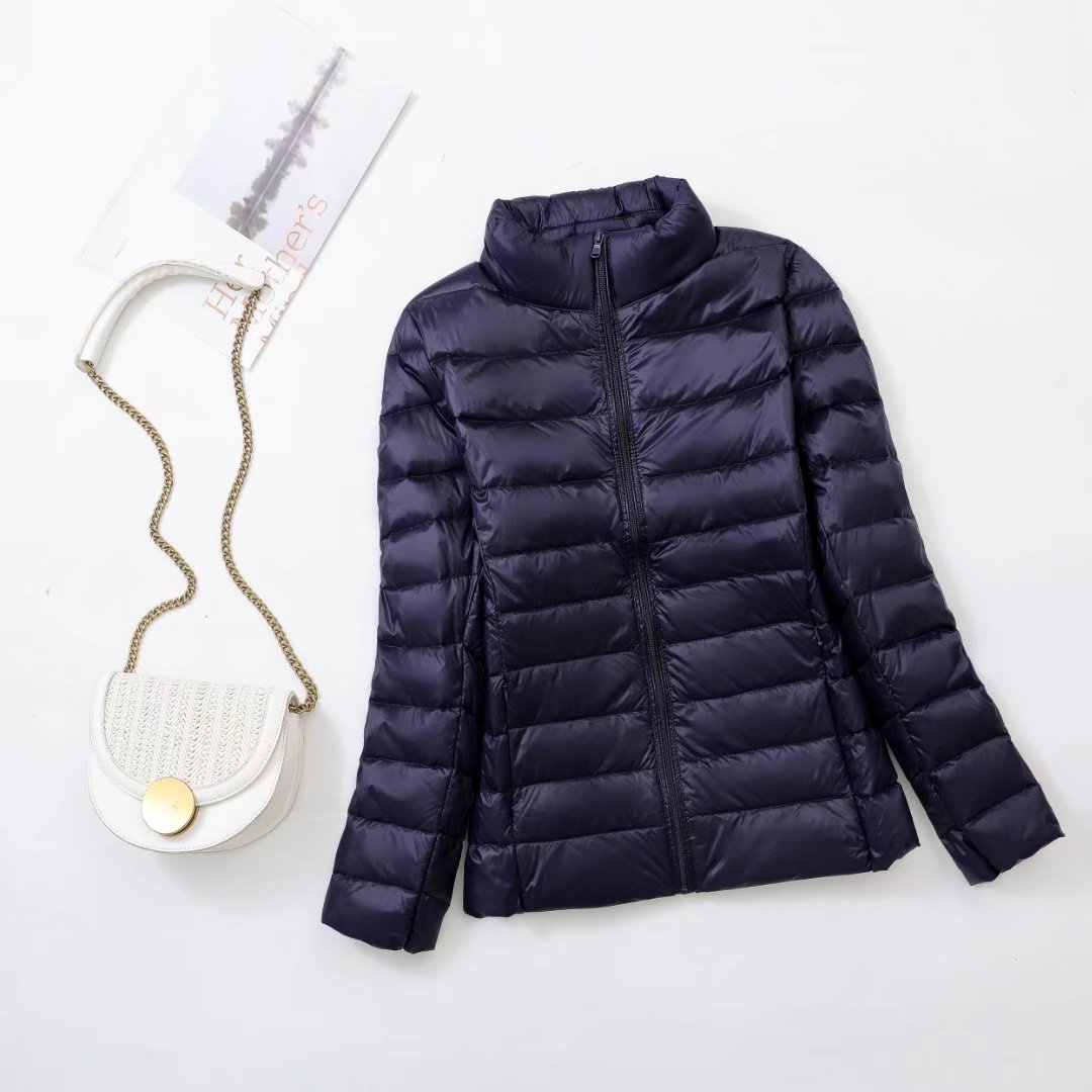 Lightweight women's down jacket, stand-up collar, slim fit