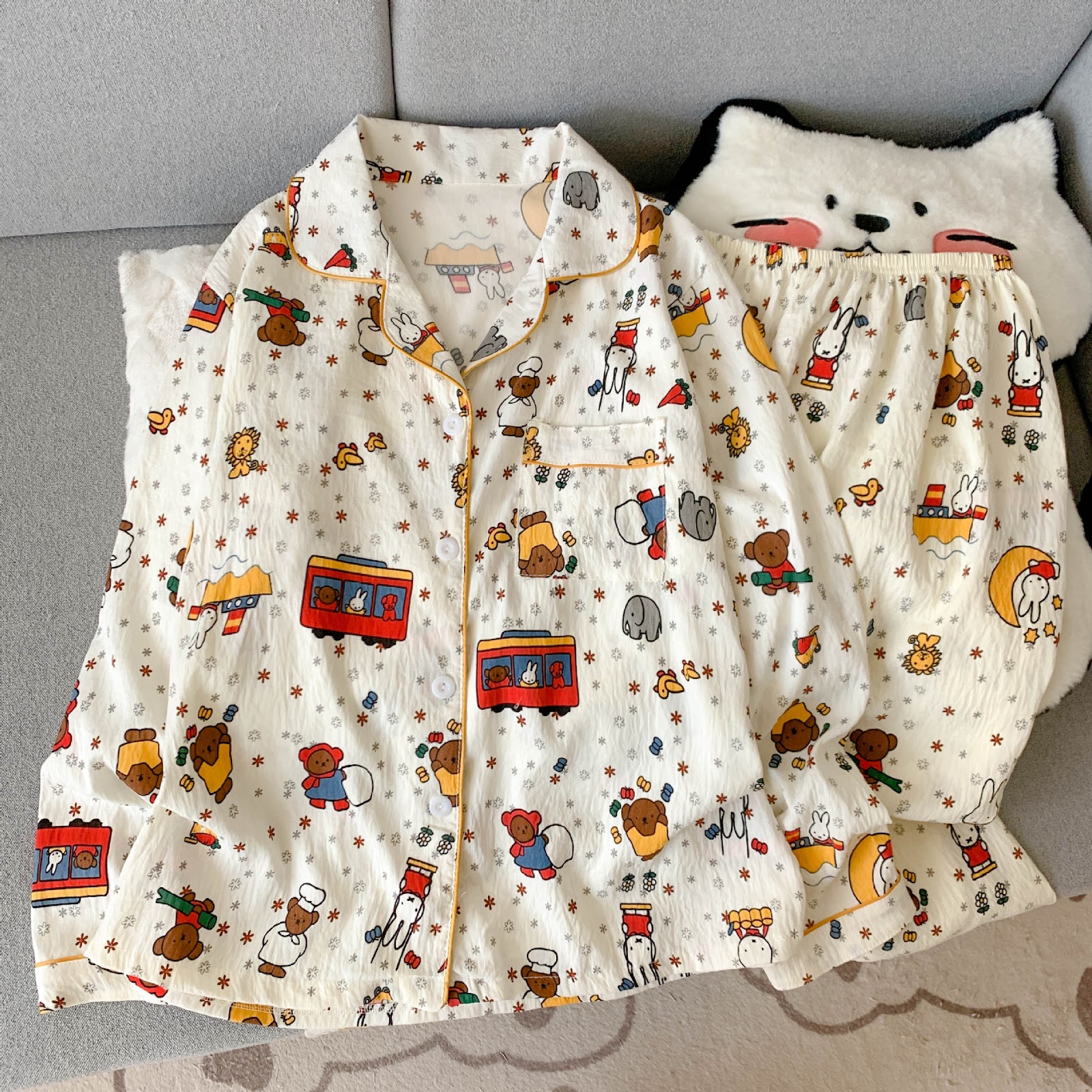 Women's Pajama Set, Long Sleeve, Cotton Blend, Cartoon Pattern