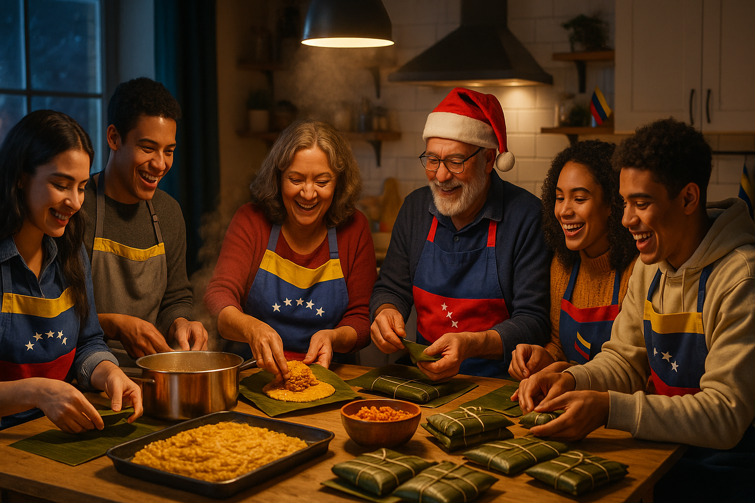Familias venezolanas preparando hallacas en una cocina comunitaria en el exterior