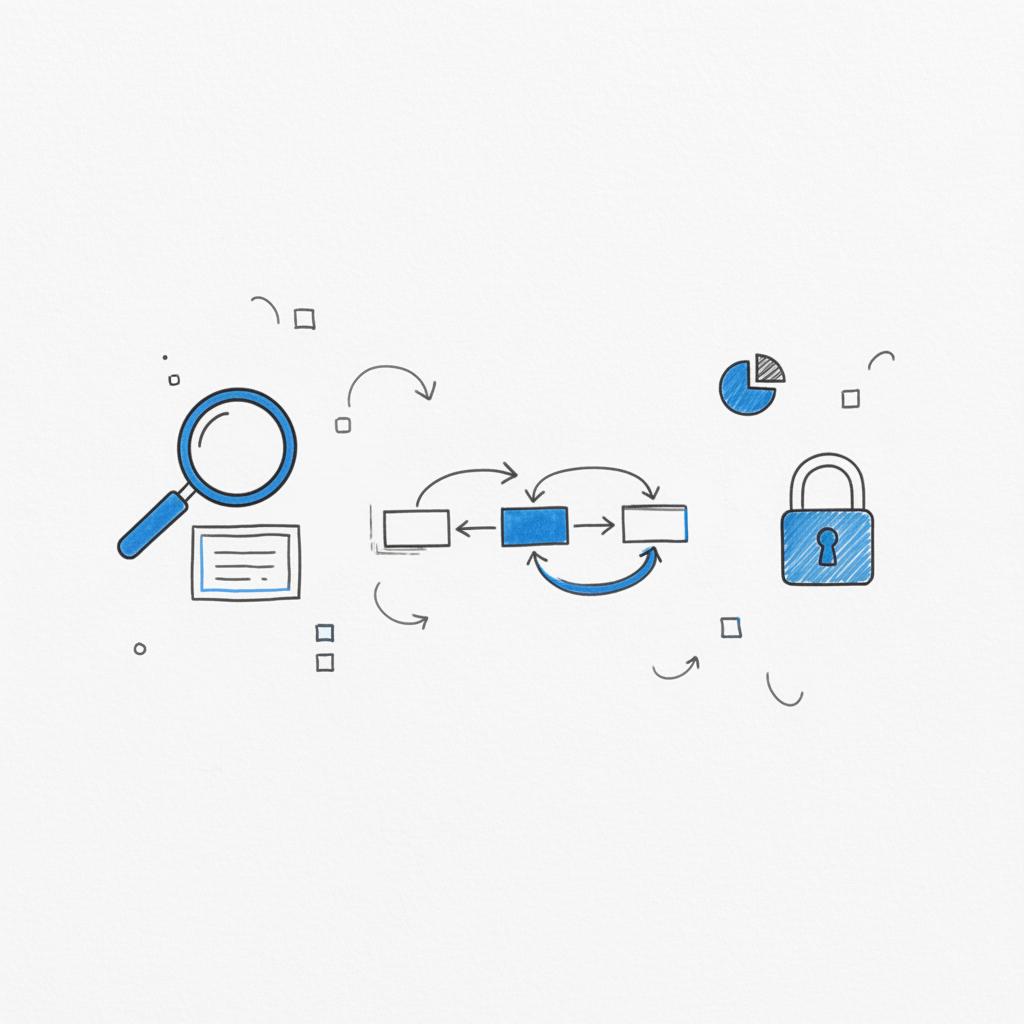 Notebook-style close-up sketch of a magnifying glass on an ad thumbnail, a chain of redirect arrows, and a padlock icon illustrating instagram ads rejected and privacy concerns.