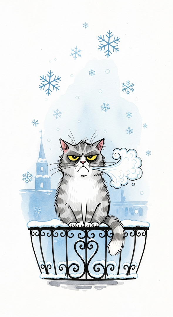 Cute Grumpy Cat Cartoon on Snow-Covered Balcony in Watercolor Style