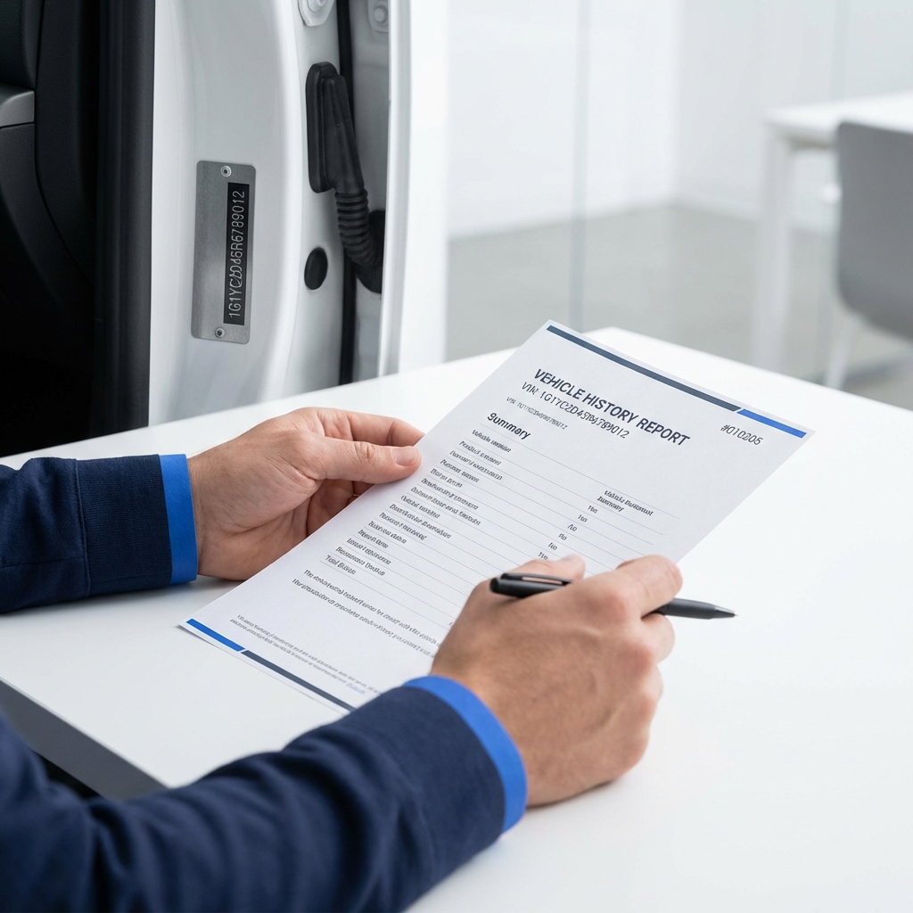 Close up of a VIN plate and printed vehicle history report on a clean white table during inspection highlighting jeep grand cherokee for sale and VIN verification