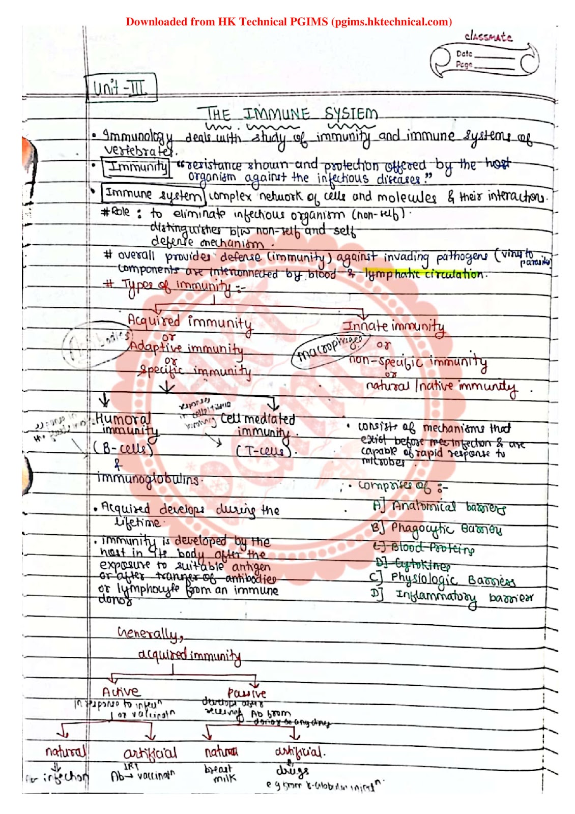 Immunity Biotechnology 6th Semester B.Pharmacy ,BP605T Pharmaceutical Biotechnology,BPharmacy,Handwritten Notes,BPharm 6th Semester,Important Exam Notes,