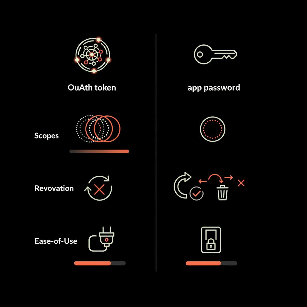 Minimal 2-column vector diagram comparing OAuth token and gmail app password by scopes, revocation, and ease-of-use using brand colors on black background