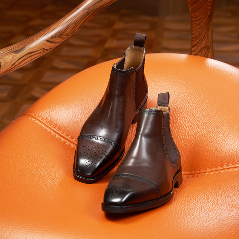 Men's leather Chelsea boots, brogue design, round