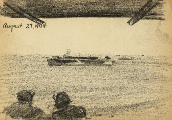 Soldiers looking at ship in the distance 1944