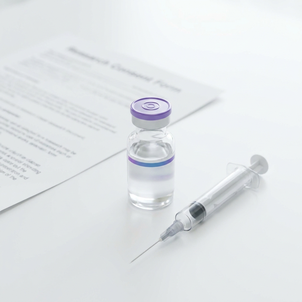 Close up of peptide vial labeled cjc 1295 next to a sterile syringe on a white table with partial research consent form in soft focus minimalist clinical aesthetic