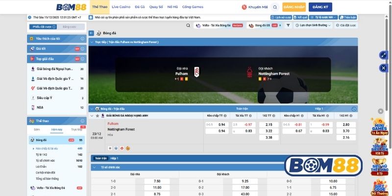 Bảng tỷ lệ kèo trận Fulham vs Nottingham ngày 23/12/2025
