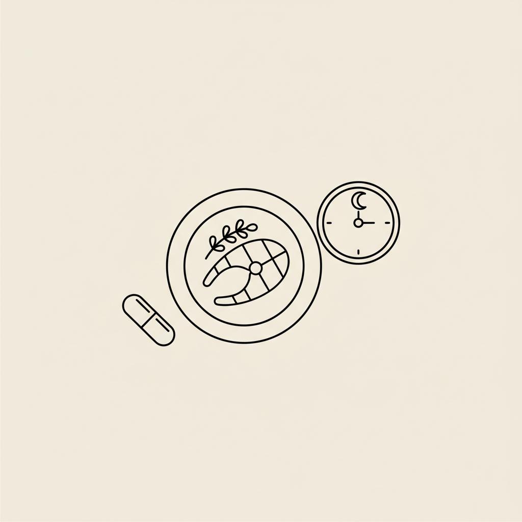 Minimalist Tonum-style line illustration of a plate with fish, a sprig of herbs, a capsule and a clock with a small crescent moon to visually represent strategies to reduce cortisol weight gain.