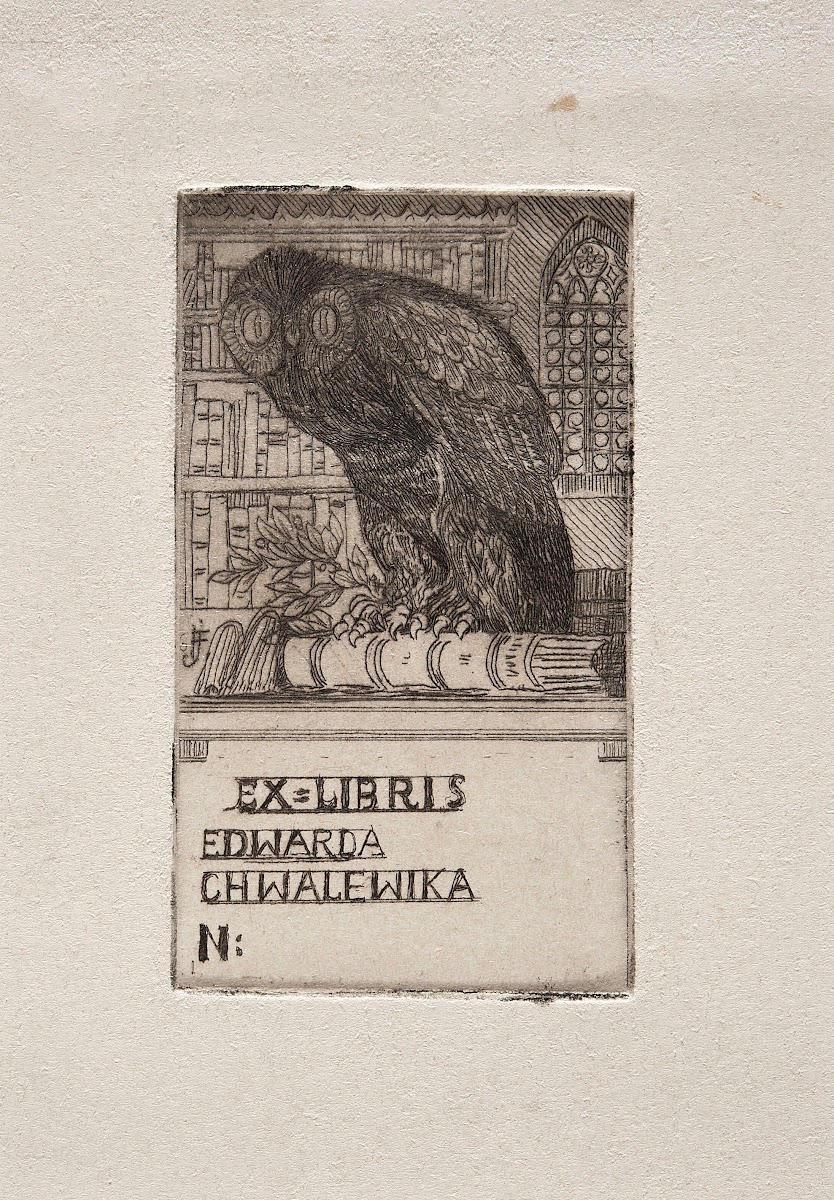 Bookplate of Edward Chwalewik with an owl in a library 1906