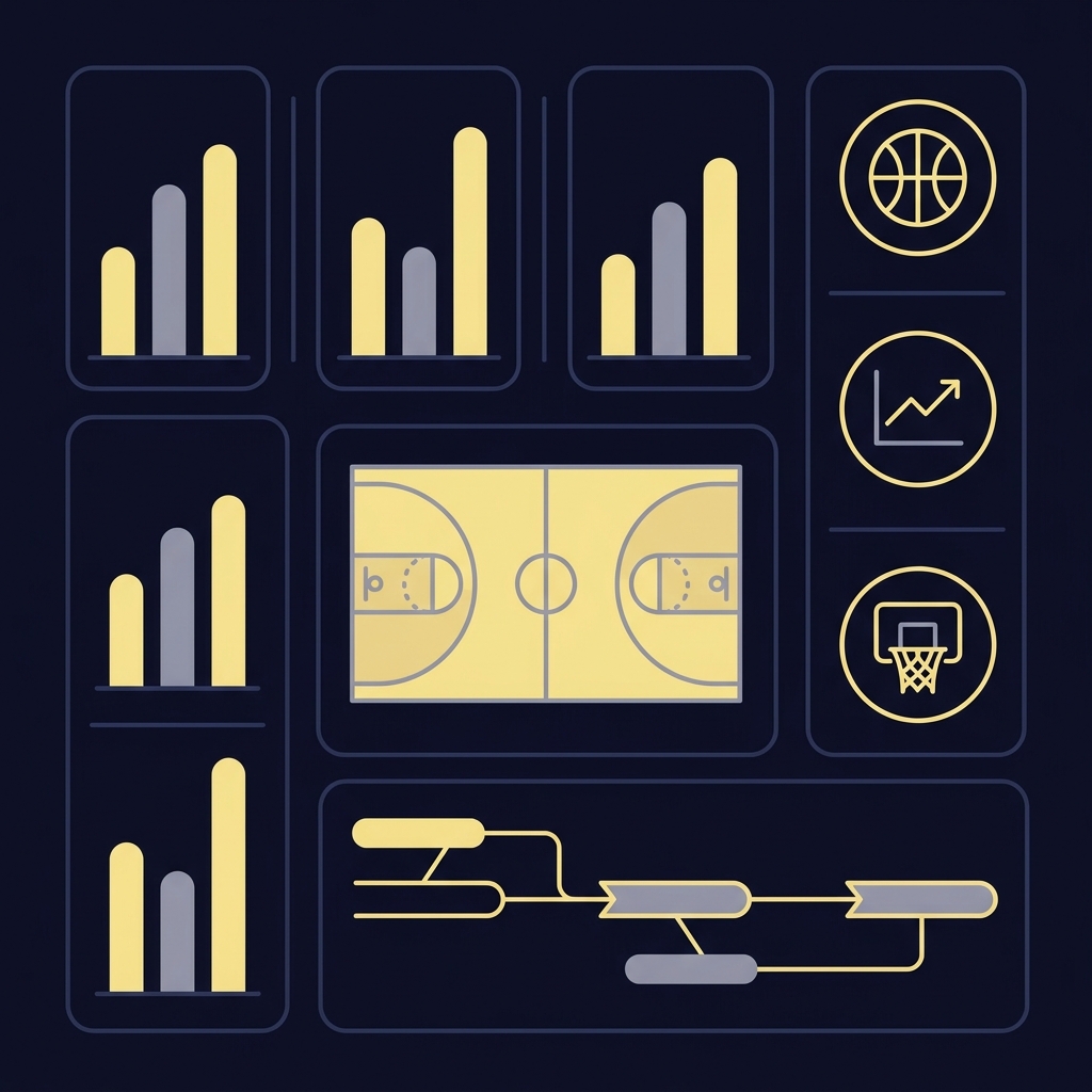 Minimal 2D vector sports analytics dashboard for wnba props today showing a simplified top view basketball court three vertical accent bars and circular metric icons on a dark brand background