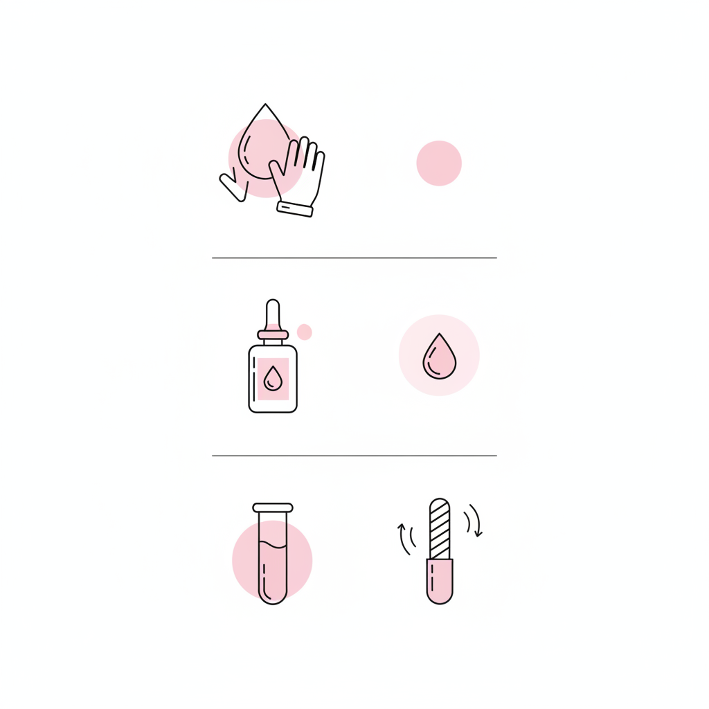 Vertikale Vektor-Infografik mit vier minimalistischen Icons (Wasser+Handschuhe, Ölflasche, Bluttest, sanfte Feile) in NailX-Farben für die Pflege weicher Fingernägel