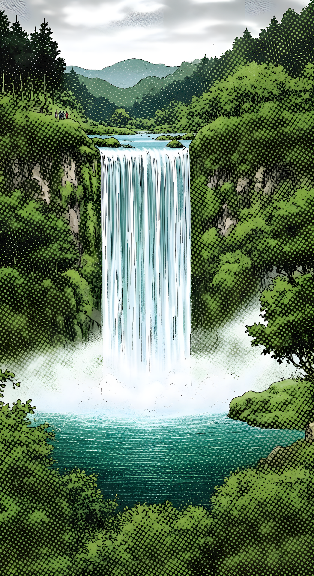 Halftone Comic Art of Lush Forest Waterfall and Turquoise Pool - Free 4K mobile Wallpaper