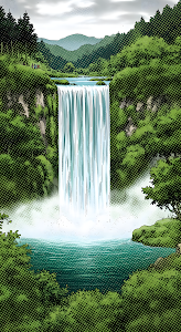 Halftone Comic Art of Lush Forest Waterfall and Turquoise Pool