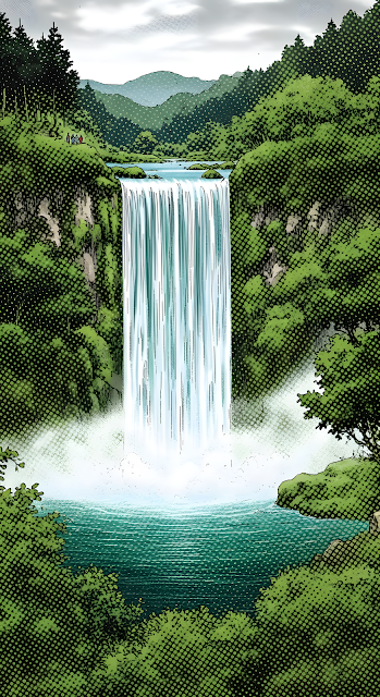 Halftone Comic Art of Lush Forest Waterfall and Turquoise Pool - Free mobile Wallpaper
