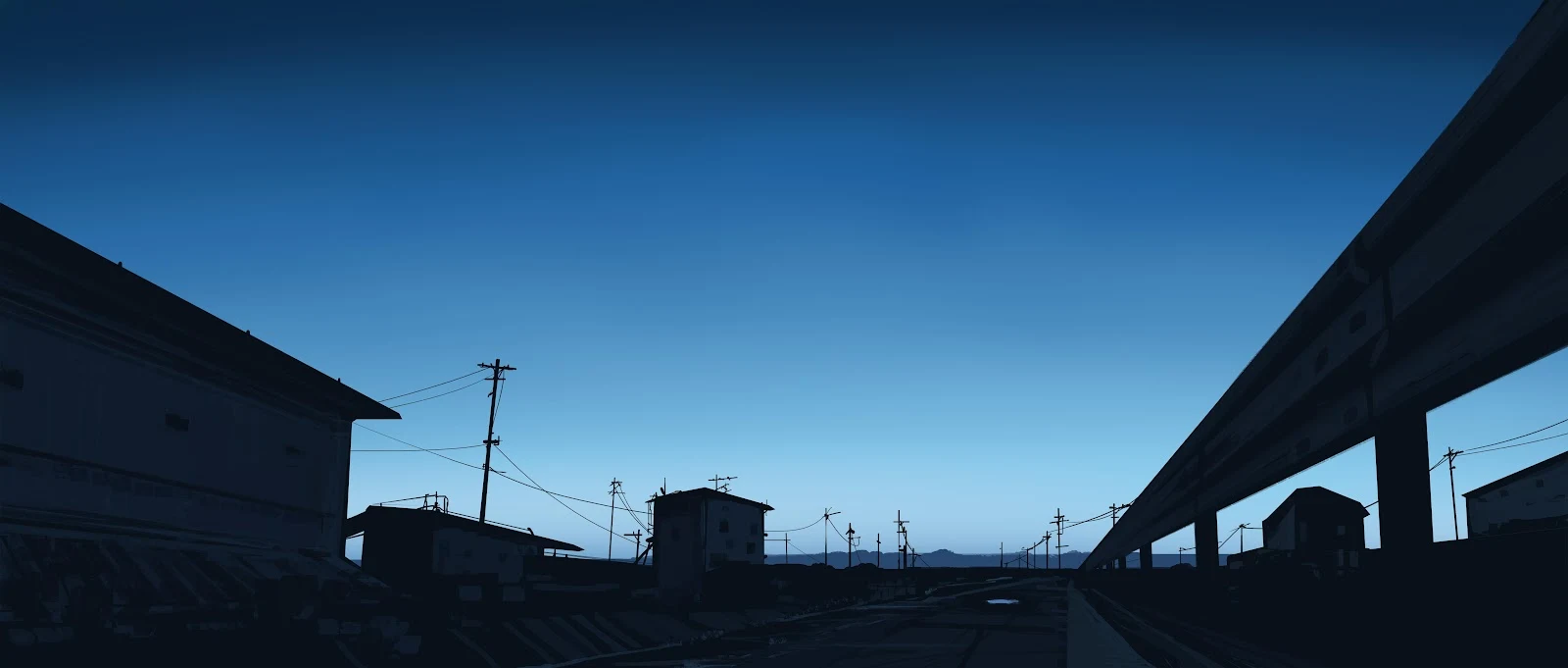 Suburban Street Under Blue Twilight - Minimalist Digital Illustration 4K Wallpaper (5640x2400)