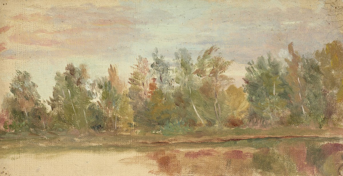 Paysage fluvial et son reflet au couchant rose