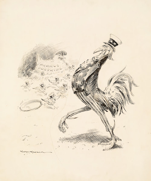 Uncle Sam depicted as a proud rooster and the Monroe Doctrine as his hen 1906