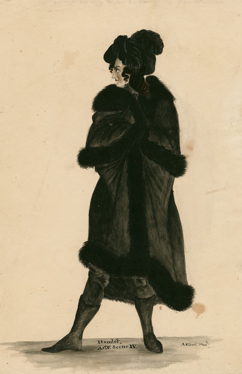 Hamlet act V scene IV person in black plumed hat and fur trimmed coat