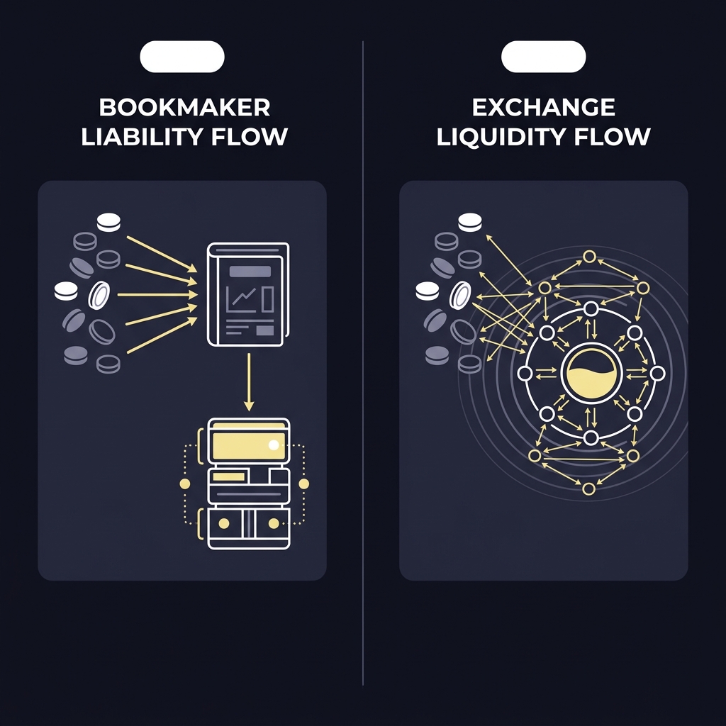 Minimal 2D vector infographic comparing bookmaker liability flow and exchange liquidity flow with iconized bettors arrows centralized bookmaker box and distributed liquidity nodes How Public Betting Can Influence a Market