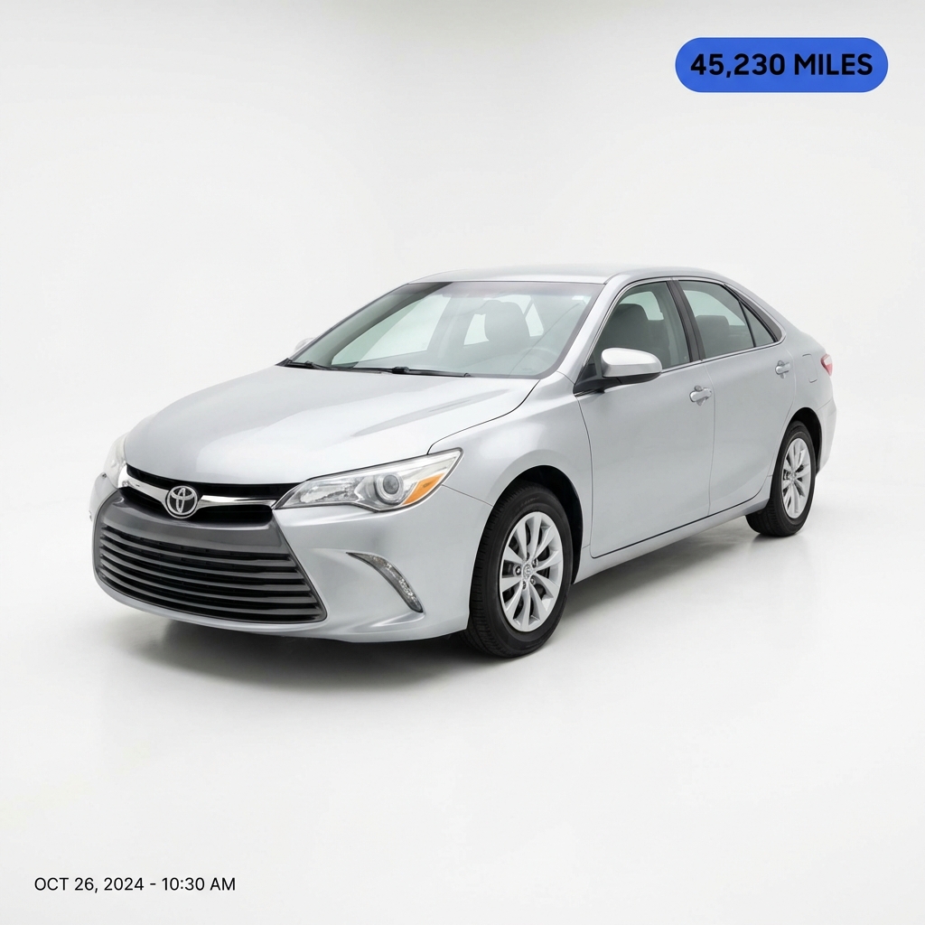 Well lit three quarter exterior shot of a common family sedan on white background with subtle dated photo overlay and small mileage badge in brand colors edmunds appraise my car