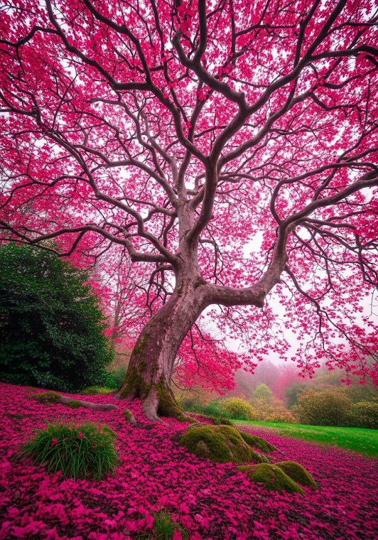 Vibrant Gnarled Tree, Pink Foliage