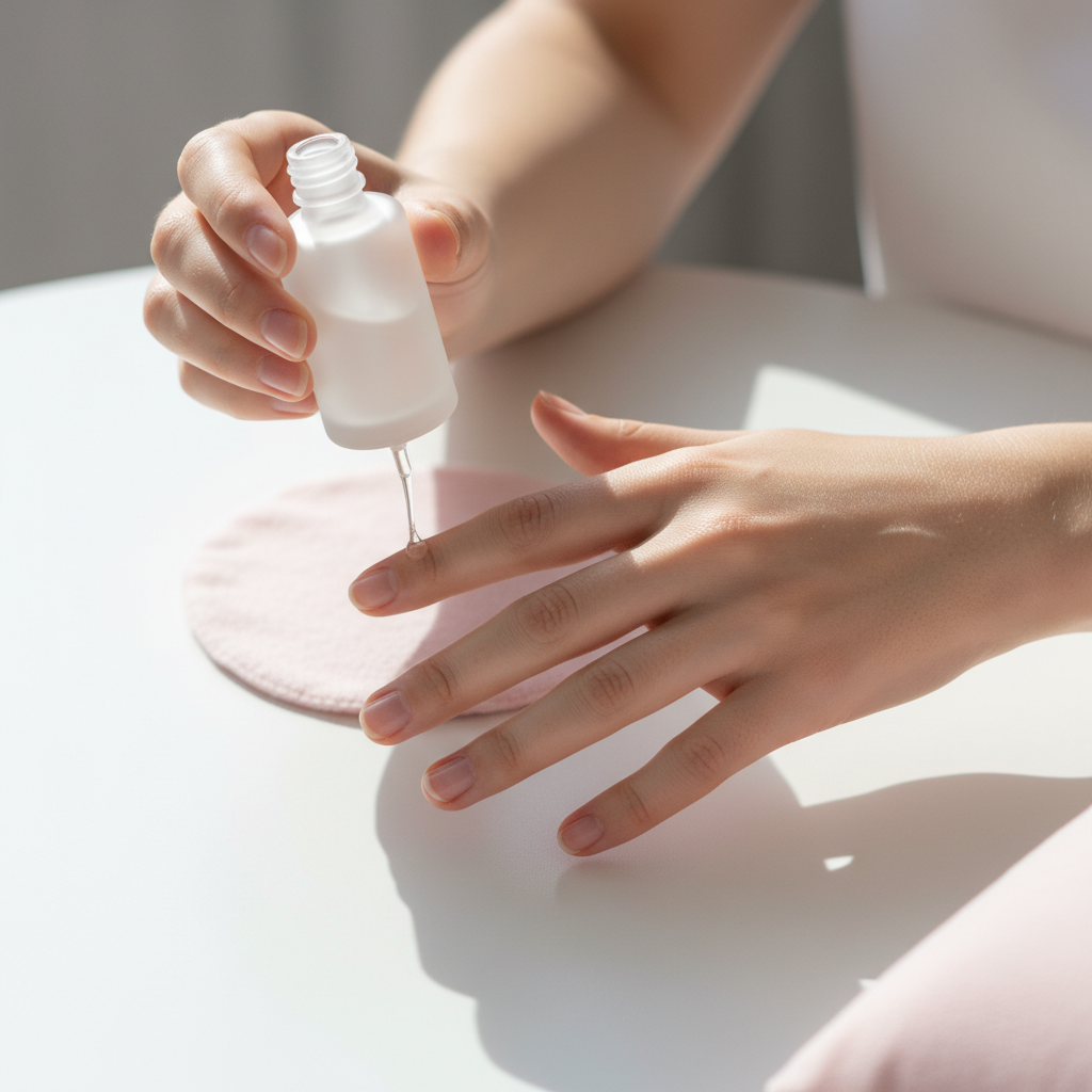 Nahaufnahme zweier Hände, eine massiert Nagelhautöl ein – welcheMangel zeigen Fingernägel wird so sichtbar (Pflege, Hauttextur, gesunde Nagelhaut)
