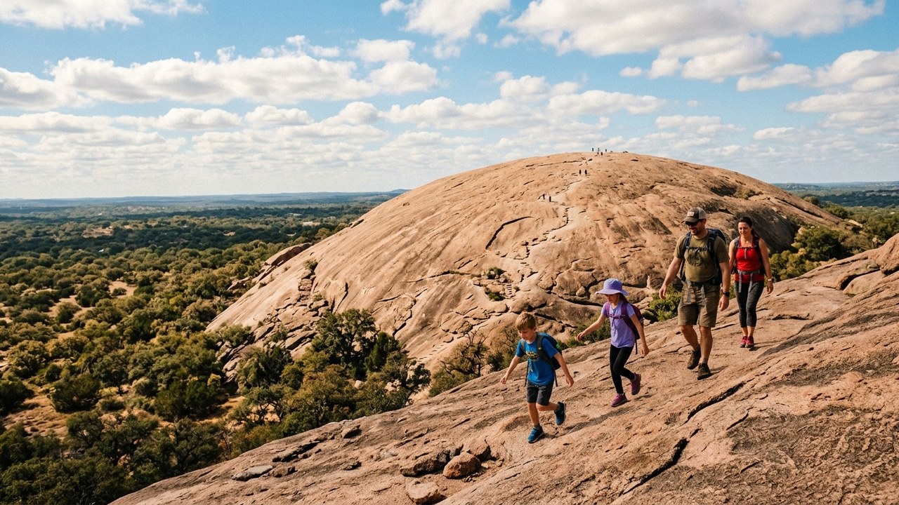Family hiking up Enchanted Rock granite dome in Texas Hill Country
