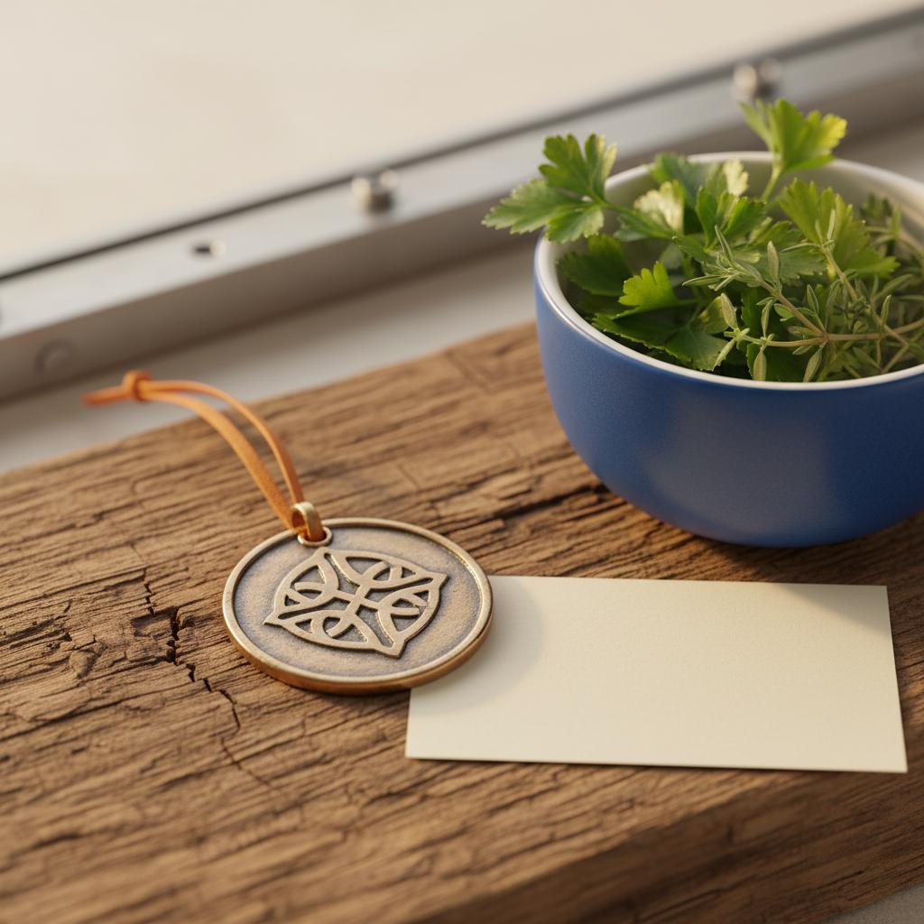 Detailaufnahme eines gravierten Metallanhängers auf rauem Holz mit kleiner Karte und Schale frischer Kräuter – geschenke für frischgebackene eltern