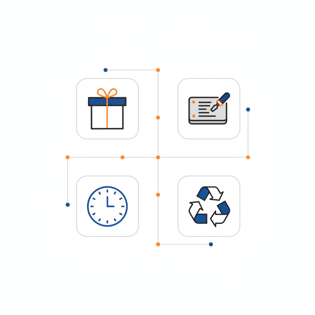 Minimalistische 2D-Infografik mit Geschenkbox, Gravur-Symbol, Lieferzeit-Uhr und Recycling-Icon in Steelmonks-Farben — was schenkt man jemandem der schon alles hat