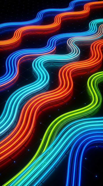 Abstract Swirling Neon Tube Pathways on Dark Grid Background - Free mobile Wallpaper