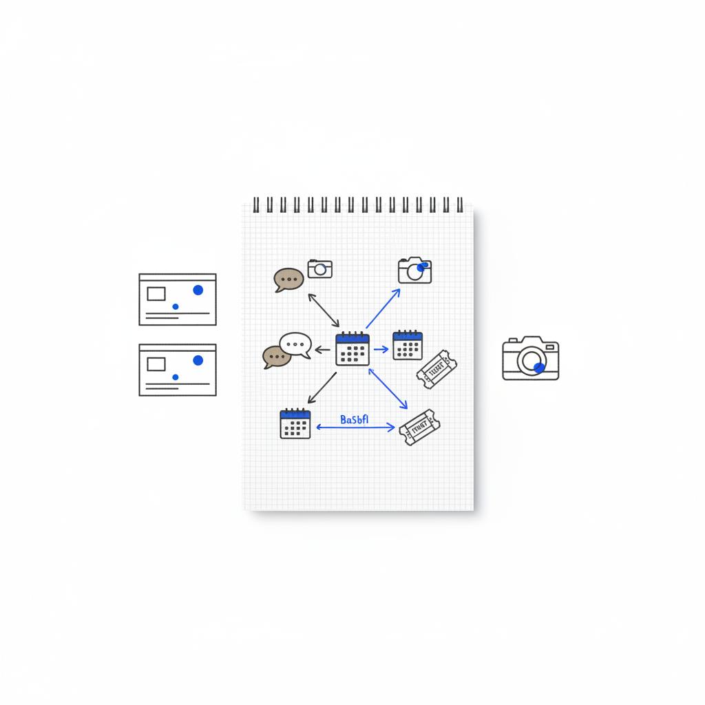 Overhead minimalist planning desk illustration with a notepad showing sketched arrows linking social icons to booking icons to advertise your venue, white and charcoal with blue accents.