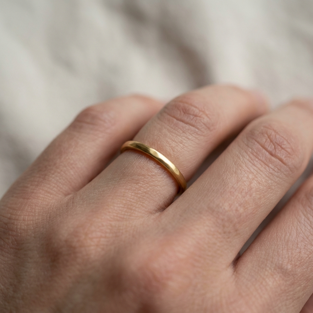 Close up of left hand fourth finger wearing a simple ancient rings style warm gold band on a neutral background #ede7da minimalist composition