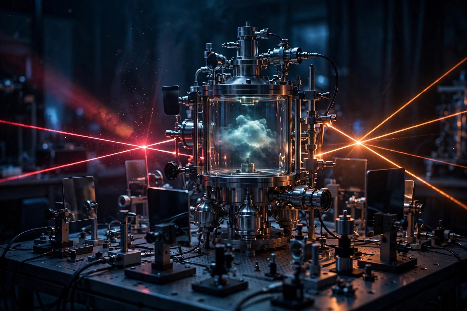 Ultracold-atom quantum physics laboratory at night, with glowing red and amber laser beams, a steel vacuum chamber on an optical table, and a faint glowing cloud of trapped cesium atoms at the center of the apparatus.