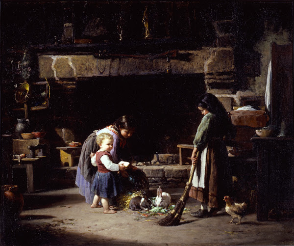 Farm Interior Breton Children Feeding Rabbits 1878