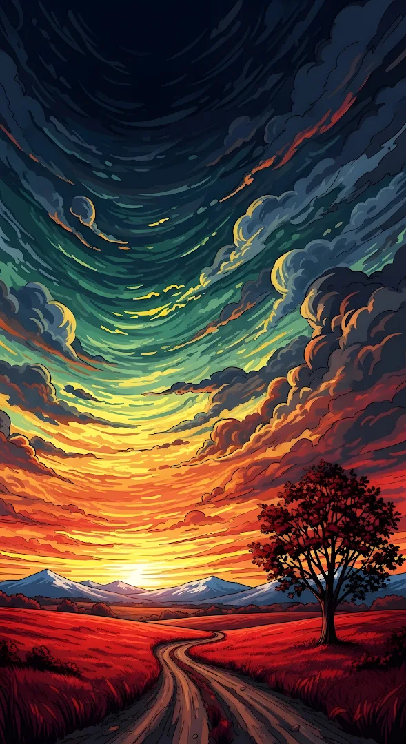 Winding Road Through Red Fields Under a Dramatic Sunset Sky