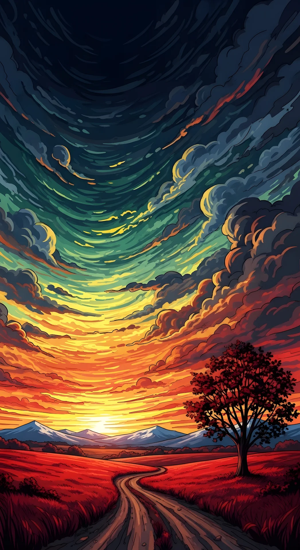 Winding Road Through Red Fields Under a Dramatic Sunset Sky - Free 4K mobile Wallpaper