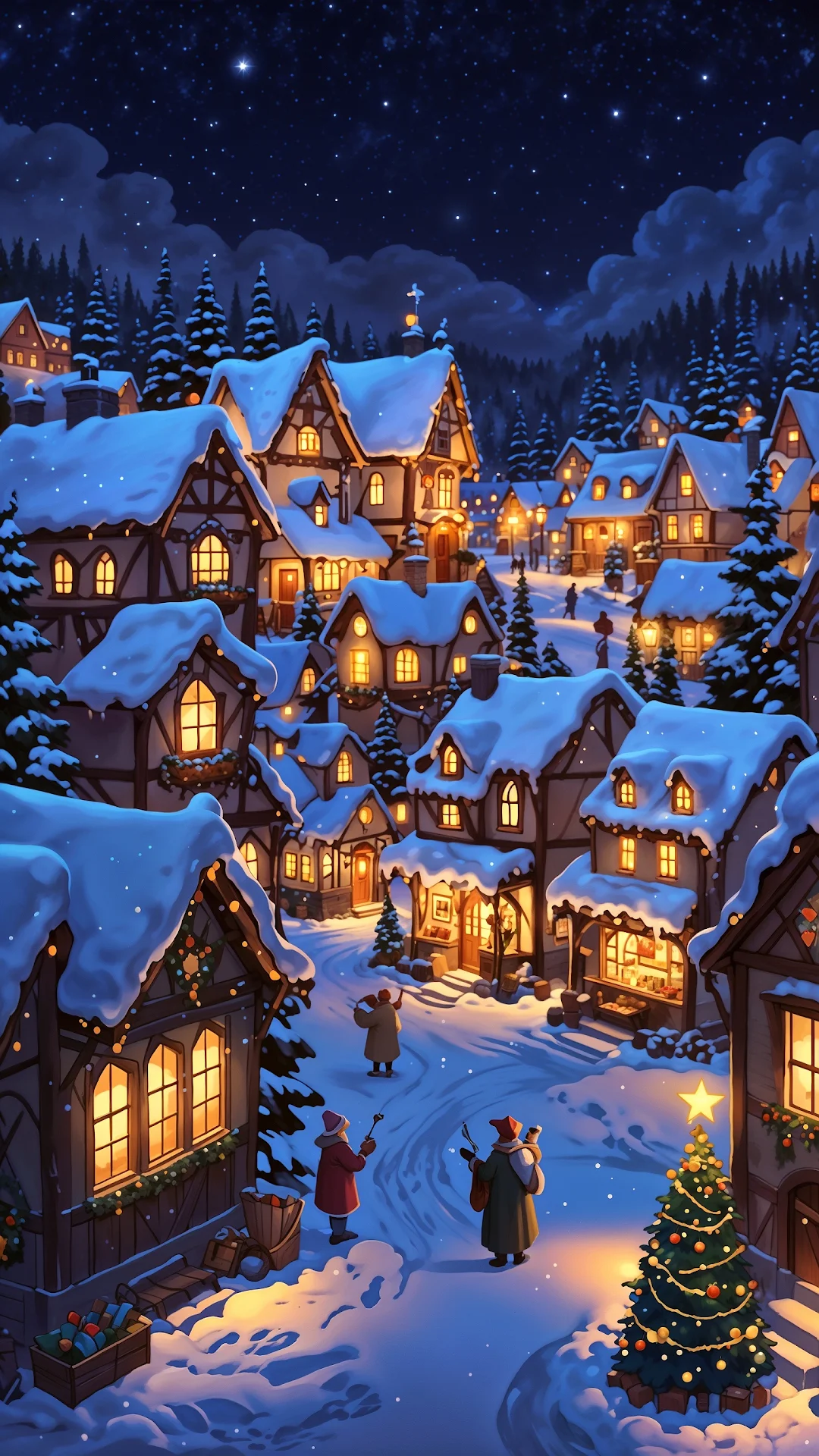 Cozy Snowy Village Under Starry Christmas Night - Free 4K mobile Wallpaper